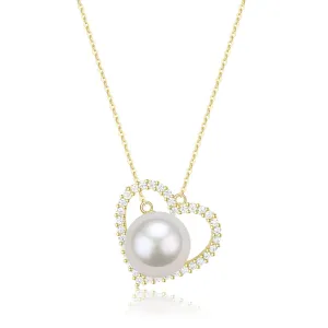 10-11mm Freshwater Pearl CZ Heart Pendant Necklace