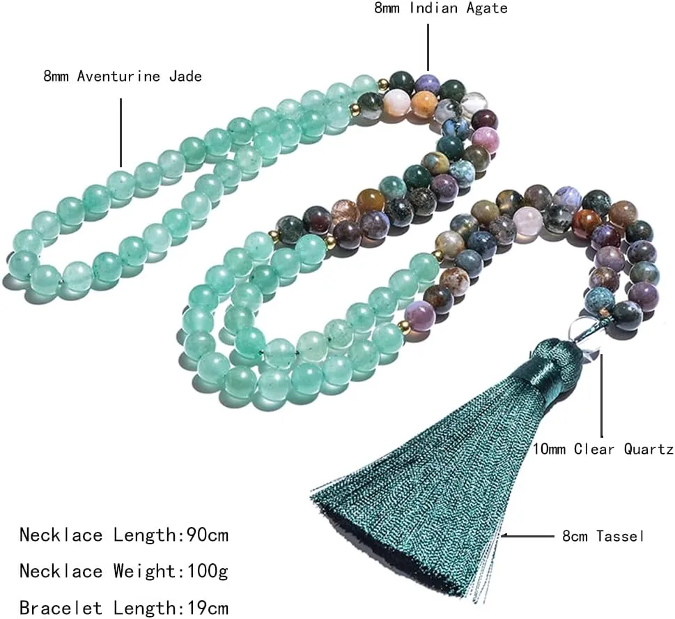 108 Mala Prayer Beads Necklace 8mm Natural Stones Meditation Yoga Jewelry Sets 108 Hand Made Japa Mala Beaded Long Tassel Necklace with Tassel Pendant for Men and Women