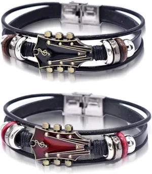 2 Set Retro Faux Leather Guitar Bracelet, Zinc Alloy Rock Music Guitar Genuine Leather Bracelet, Punk Guitar Bracelet for Men, Guitar Handmade Braided Multi-Layer Wrap Bracelet