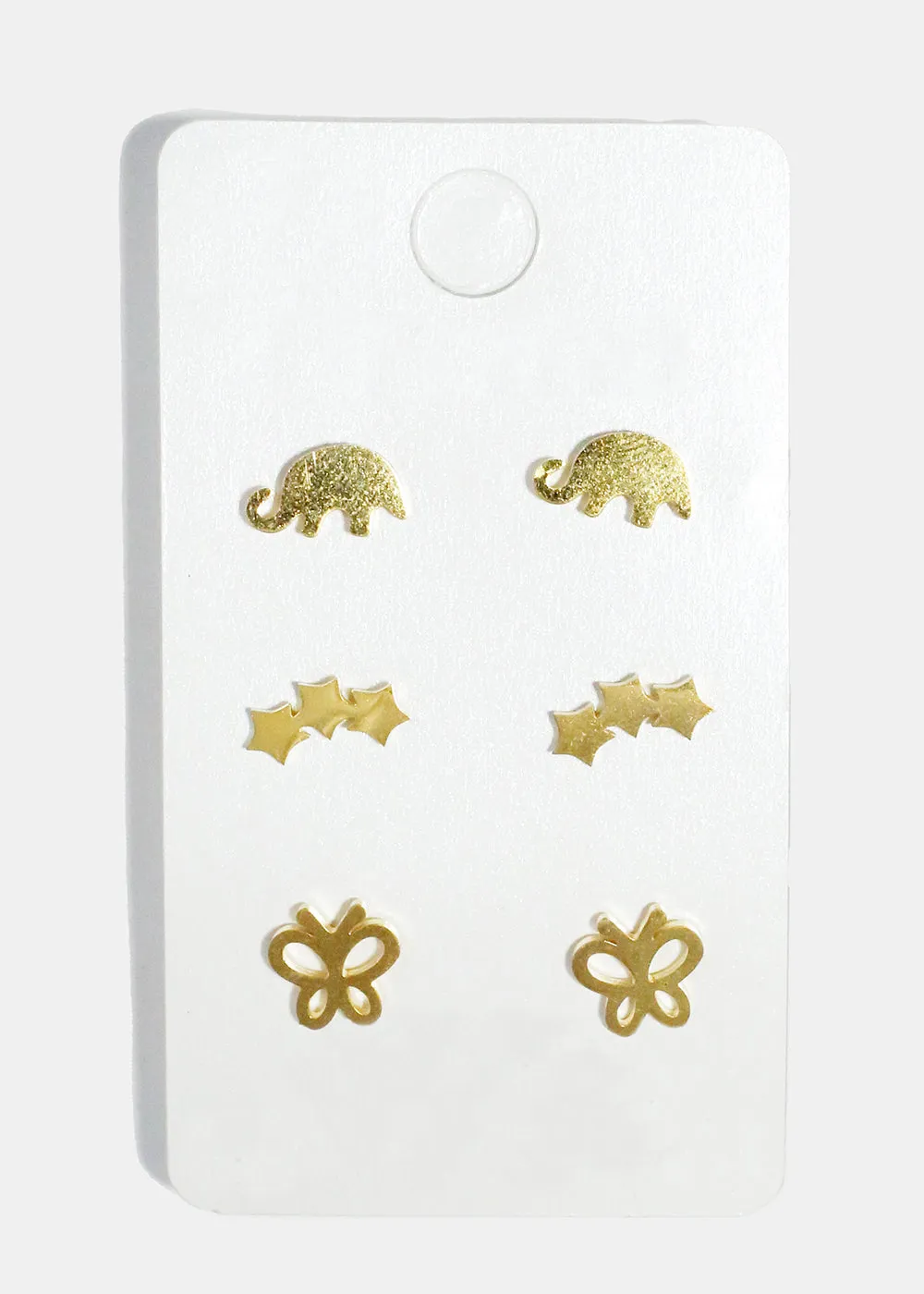 3-Pair Elephant, Star & Butterfly Stud Earrings