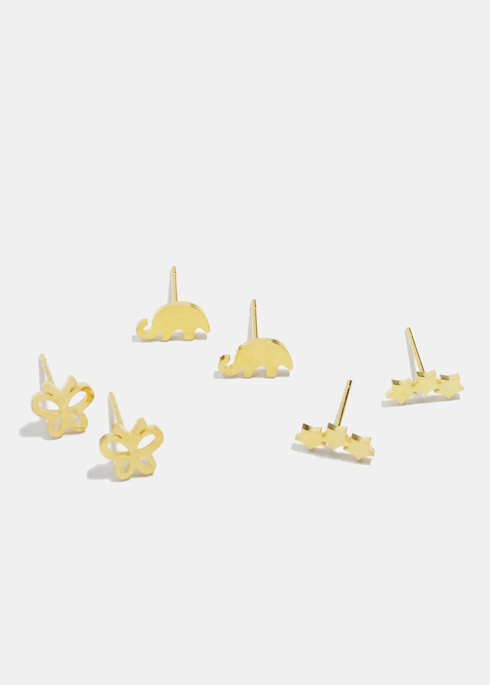 3-Pair Elephant, Star & Butterfly Stud Earrings