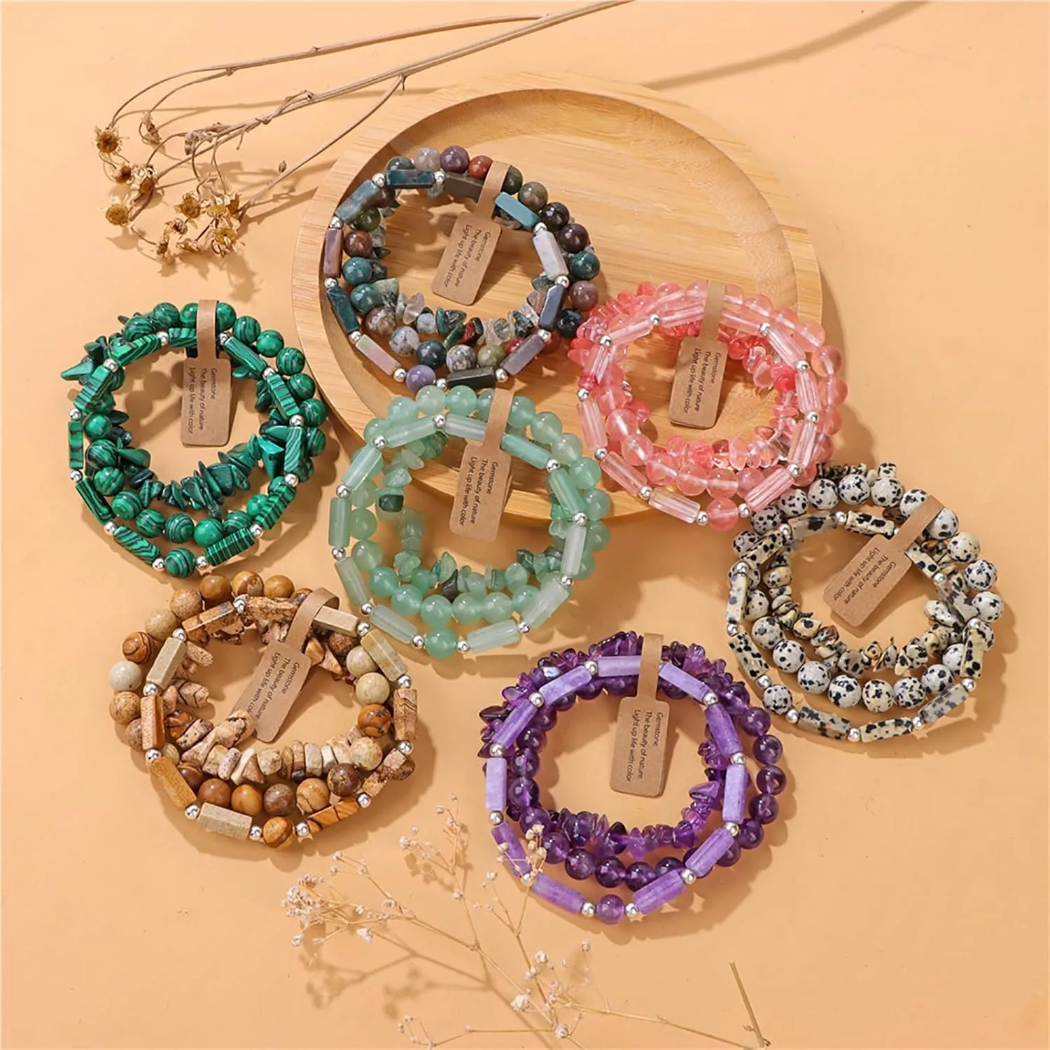 3Pcs Natural Stone Bracelets for Women 8mm Crystal Beaded Bracelets Handmade Stretch Bracelet Healing Crystal Jewelry for Women