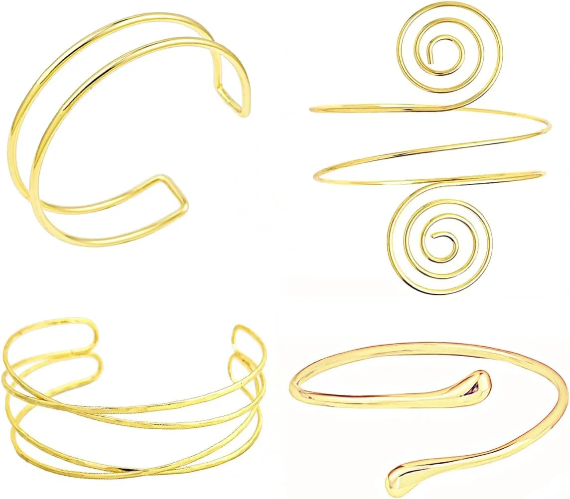4 Pieces Minimalist Gold Arm Cuff Bracelet Upper Arm Band Cuff Bangle for Women Adjustable Armband Set