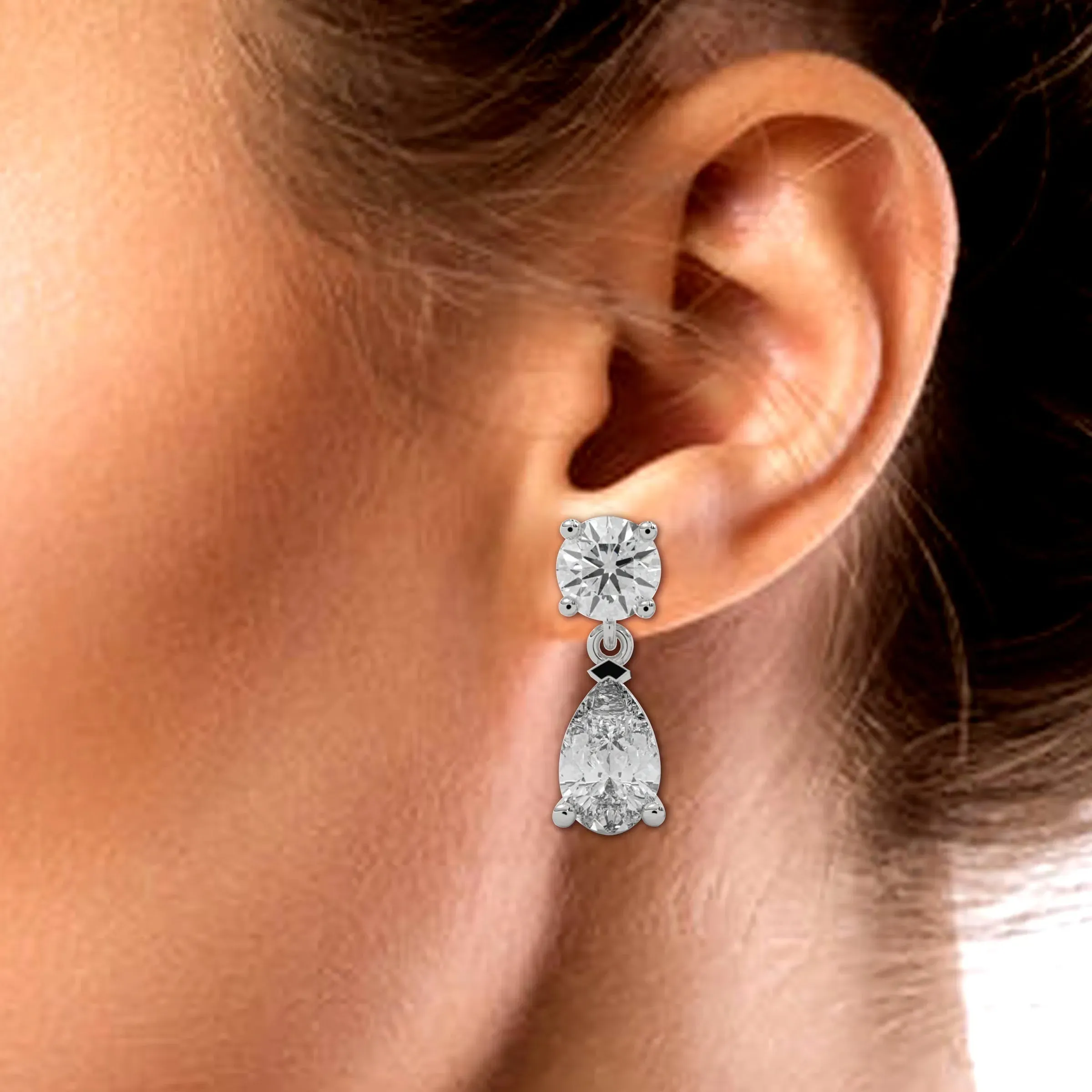 5ct Round and Pear Lab Grown Diamond Drop Earrings | Push Back Stud Earrings | 14k Gold