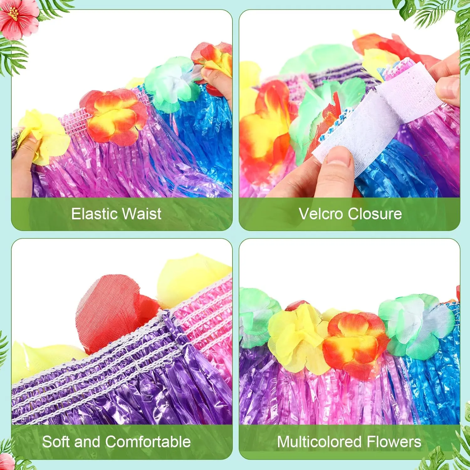 7 Pcs Hawaiian Luau Hula Grass Skirt with Flower Costume Set Flower Bracelet Headband Necklace Hibiscus Hair Clip Women