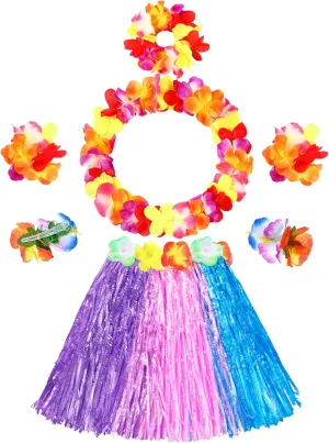 7 Pcs Hawaiian Luau Hula Grass Skirt with Flower Costume Set Flower Bracelet Headband Necklace Hibiscus Hair Clip Women