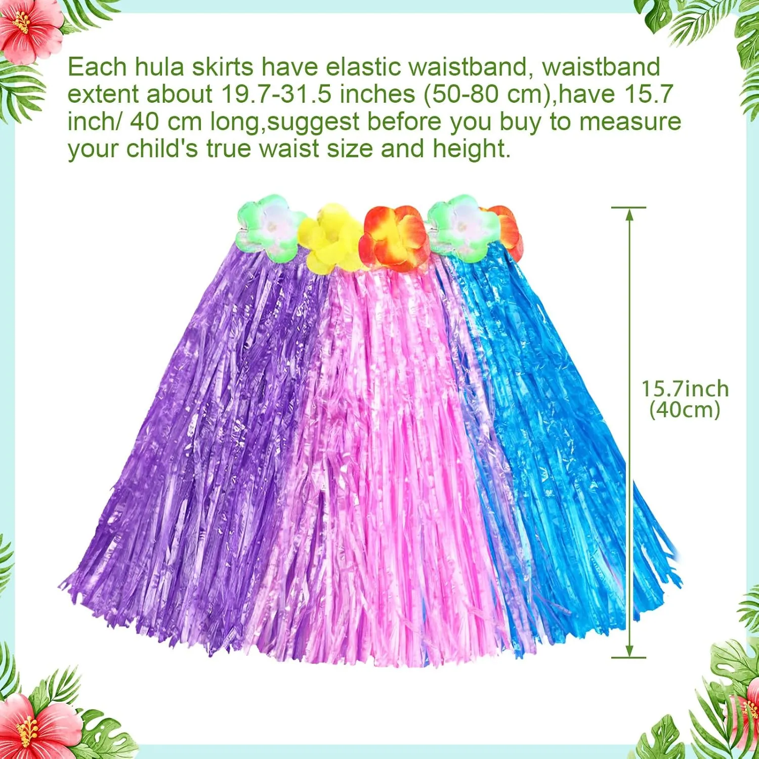 7 Pcs Hawaiian Luau Hula Grass Skirt with Flower Costume Set Flower Bracelet Headband Necklace Hibiscus Hair Clip Women
