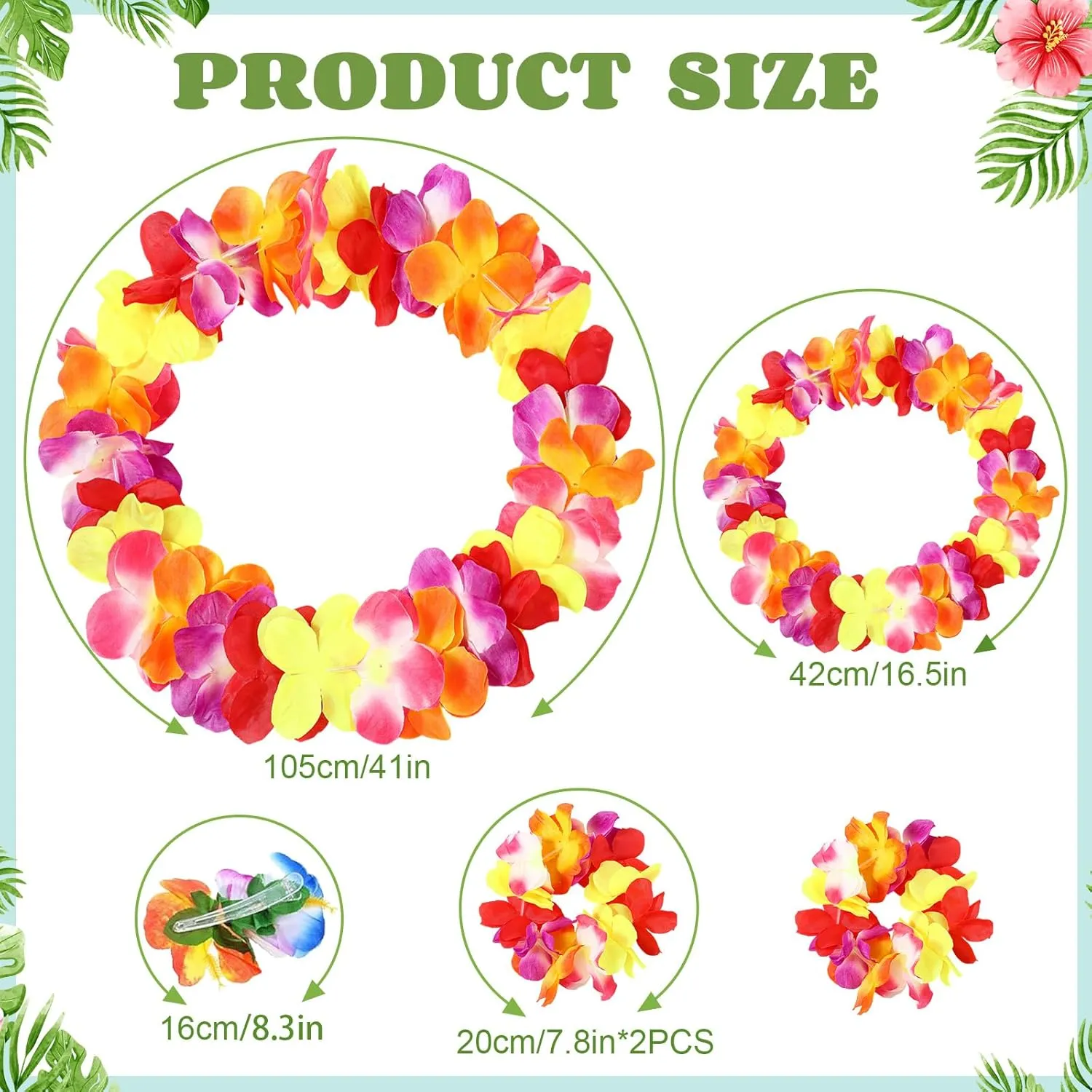 7 Pcs Hawaiian Luau Hula Grass Skirt with Flower Costume Set Flower Bracelet Headband Necklace Hibiscus Hair Clip Women