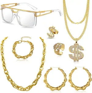 90s Accessories Outfit for Women 80s Hip Hop Costume Kit Old School Rapper Sunglasses Large Bamboo Hoop Earring Gold Rope Chain Necklace Bracelet Dollar Necklace Rings Jewelry Set