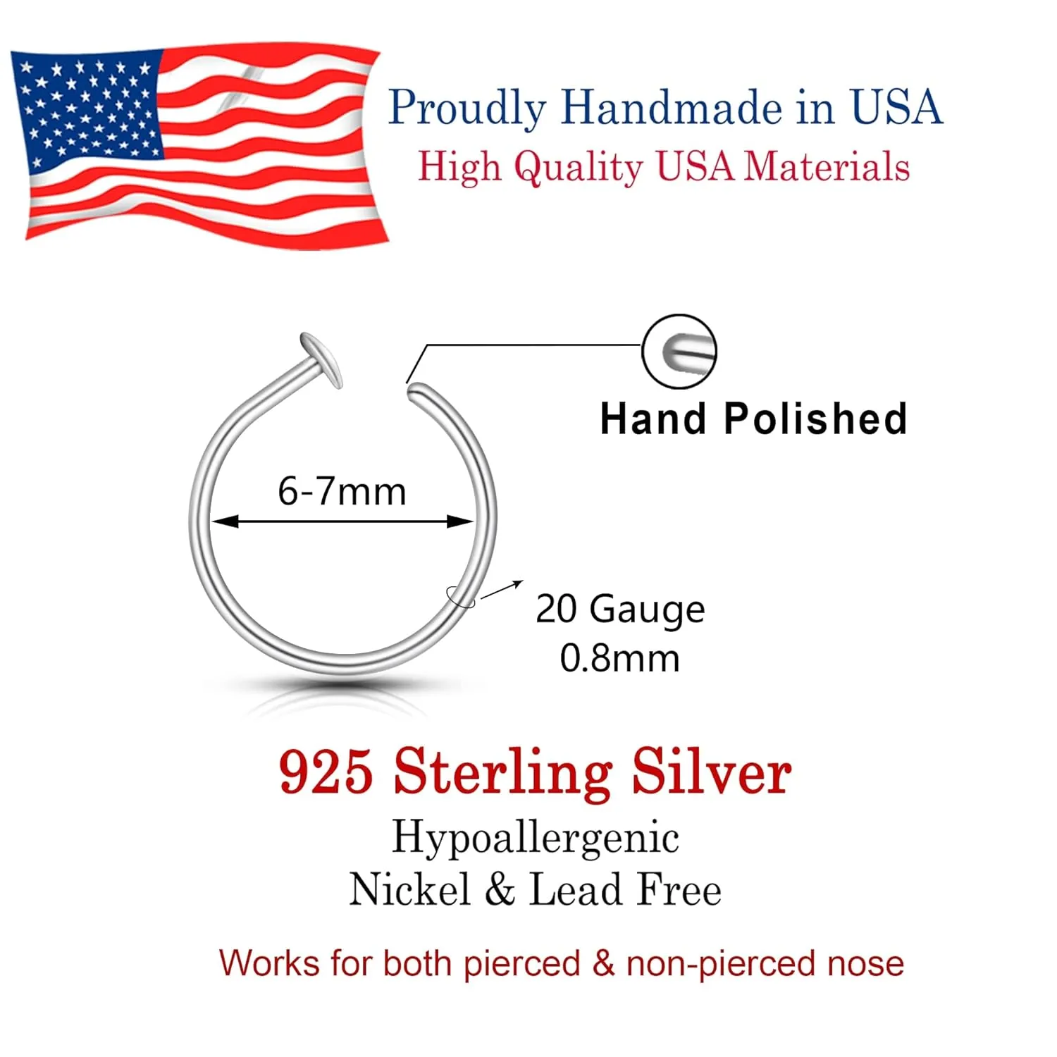 925 Sterling Silver Small Thin 20G Nose Ring Hoop for Women Men, USA Handmade Nose Piercing Jewelry, Adjustable 6mm - 7mm