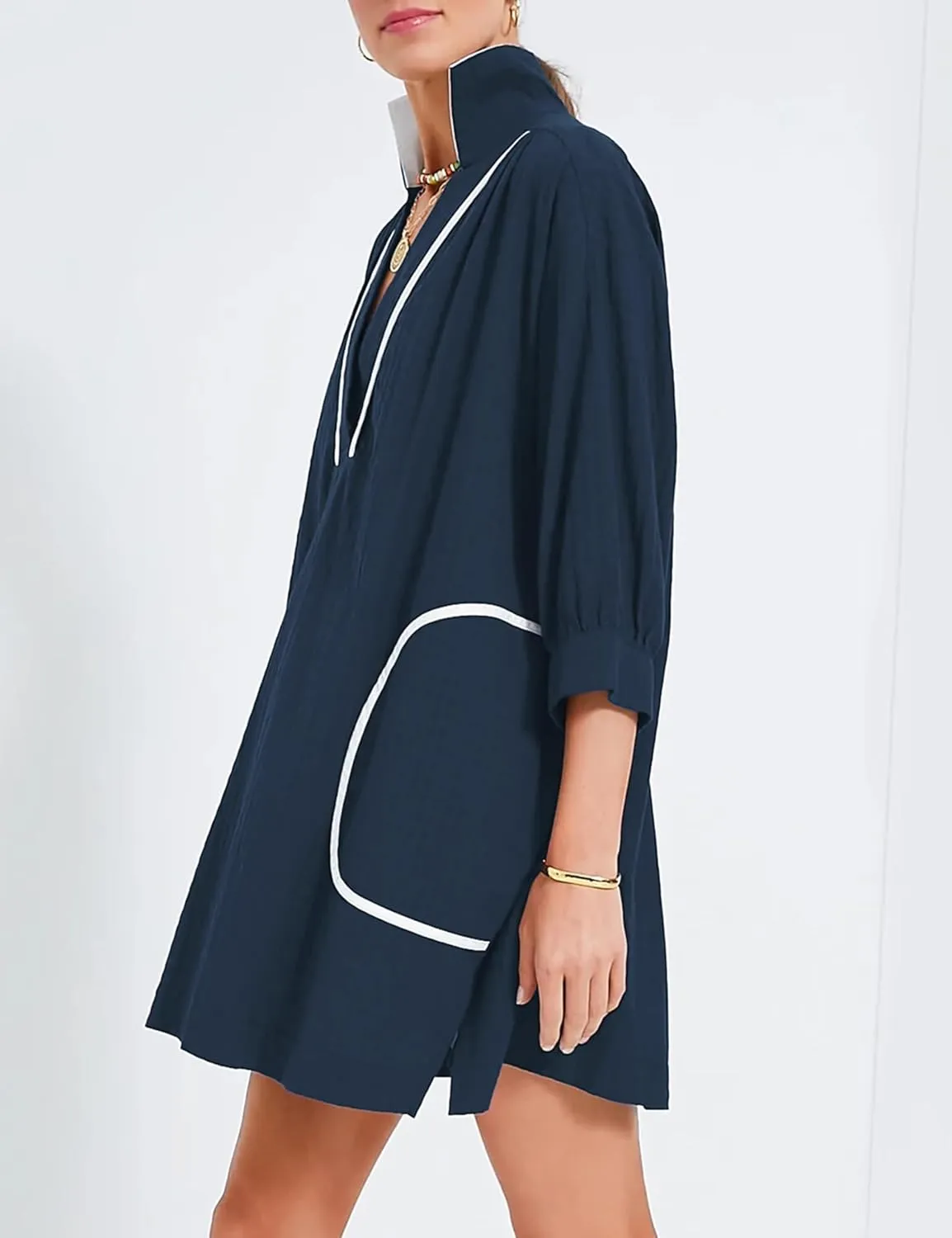 Ailoqing Swimsuit Coverup Womens V Neck 3/4 Sleeve Casual Shirt Dress with Pockets
