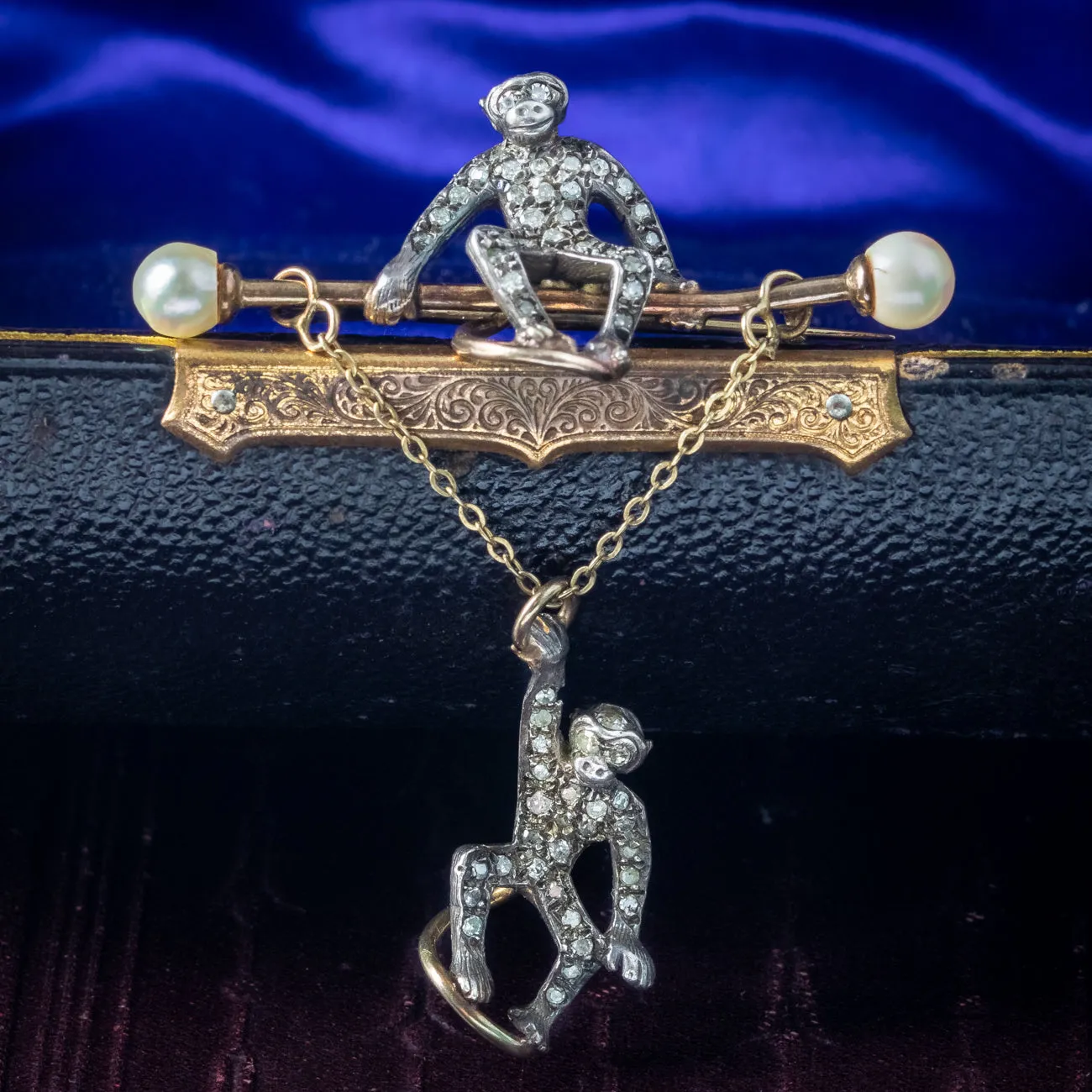 Antique Edwardian Diamond Pearl Monkey Brooch