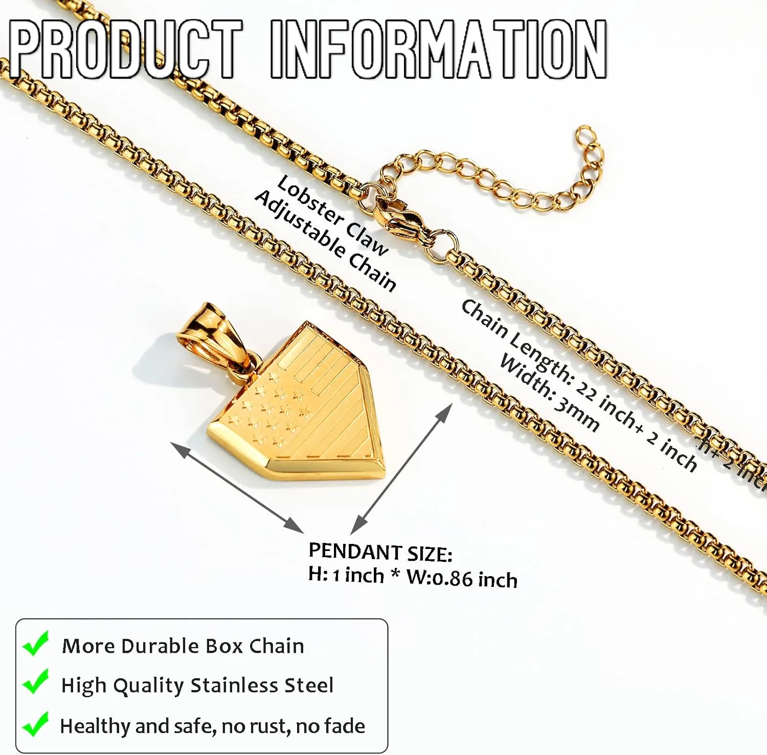 Baseball Home Plate Necklace for Men USA Flag Shield Pendant Stainless Steel Chain 22 2 inch Inspirational Patriotic Jewelry Personalized Baseball Gift for Boys