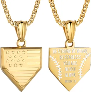 Baseball Home Plate Necklace for Men USA Flag Shield Pendant Stainless Steel Chain 22 2 inch Inspirational Patriotic Jewelry Personalized Baseball Gift for Boys
