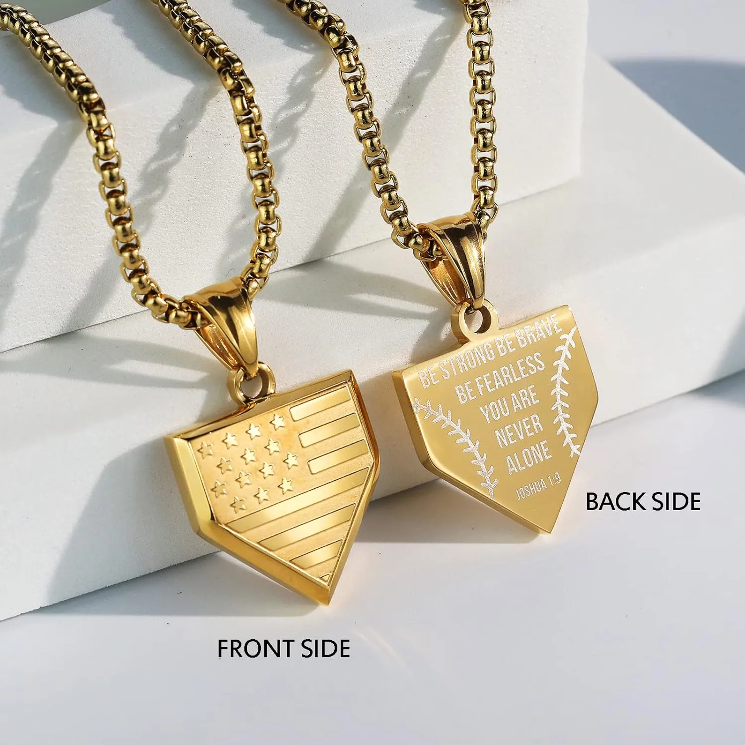 Baseball Home Plate Necklace for Men USA Flag Shield Pendant Stainless Steel Chain 22 2 inch Inspirational Patriotic Jewelry Personalized Baseball Gift for Boys