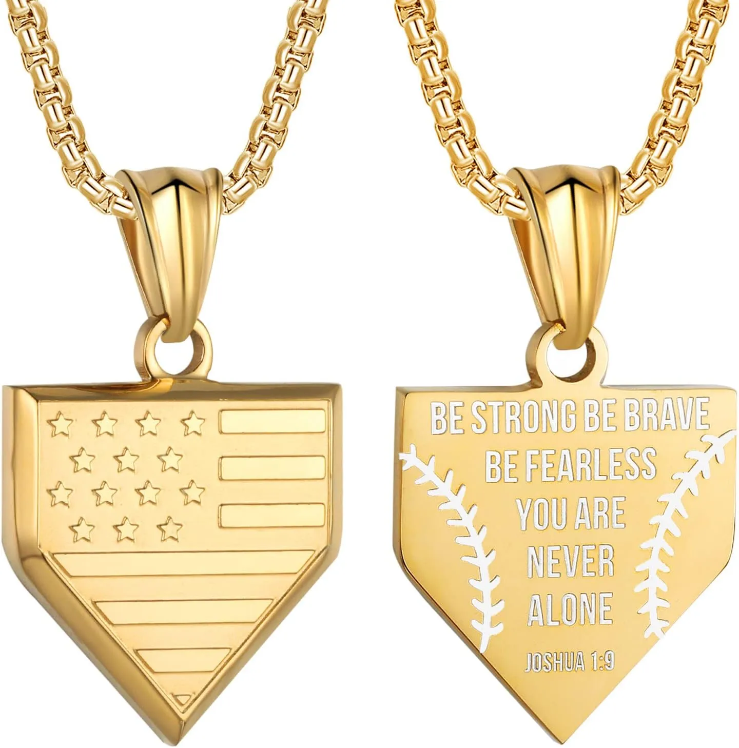 Baseball Home Plate Necklace for Men USA Flag Shield Pendant Stainless Steel Chain 22 2 inch Inspirational Patriotic Jewelry Personalized Baseball Gift for Boys