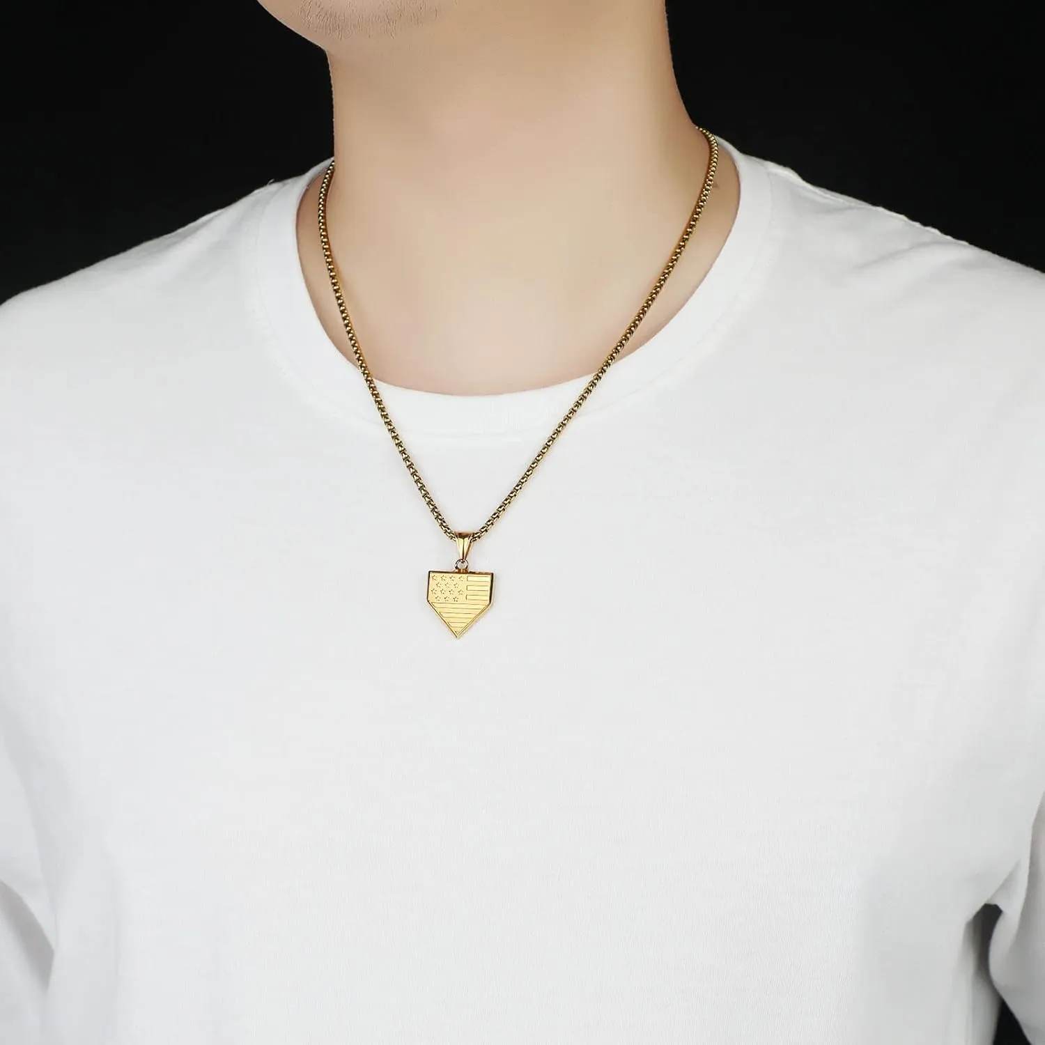 Baseball Home Plate Necklace for Men USA Flag Shield Pendant Stainless Steel Chain 22 2 inch Inspirational Patriotic Jewelry Personalized Baseball Gift for Boys