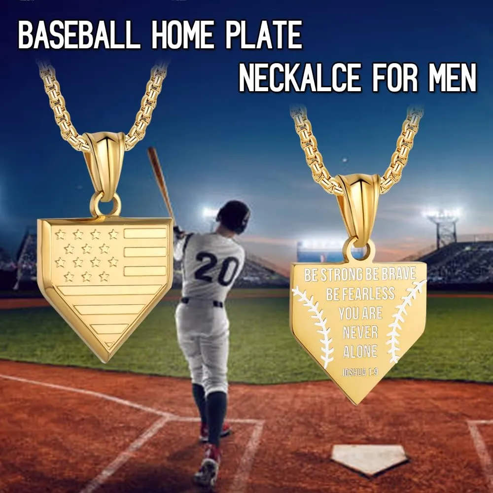 Baseball Home Plate Necklace for Men USA Flag Shield Pendant Stainless Steel Chain 22 2 inch Inspirational Patriotic Jewelry Personalized Baseball Gift for Boys
