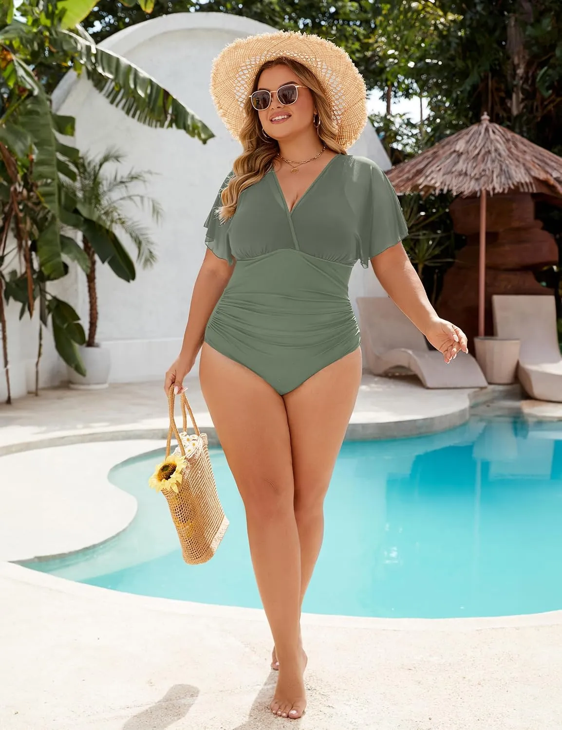 Blooming Jelly Women's Plus Size Swimsuit One Piece Bathing Suit Tummy Control Mesh V Neck Maternity Swimwear