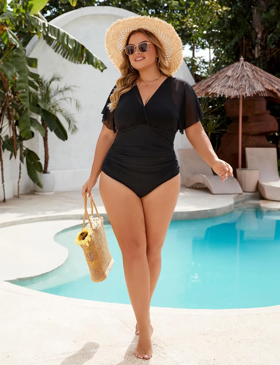 Blooming Jelly Women's Plus Size Swimsuit One Piece Bathing Suit Tummy Control Mesh V Neck Maternity Swimwear