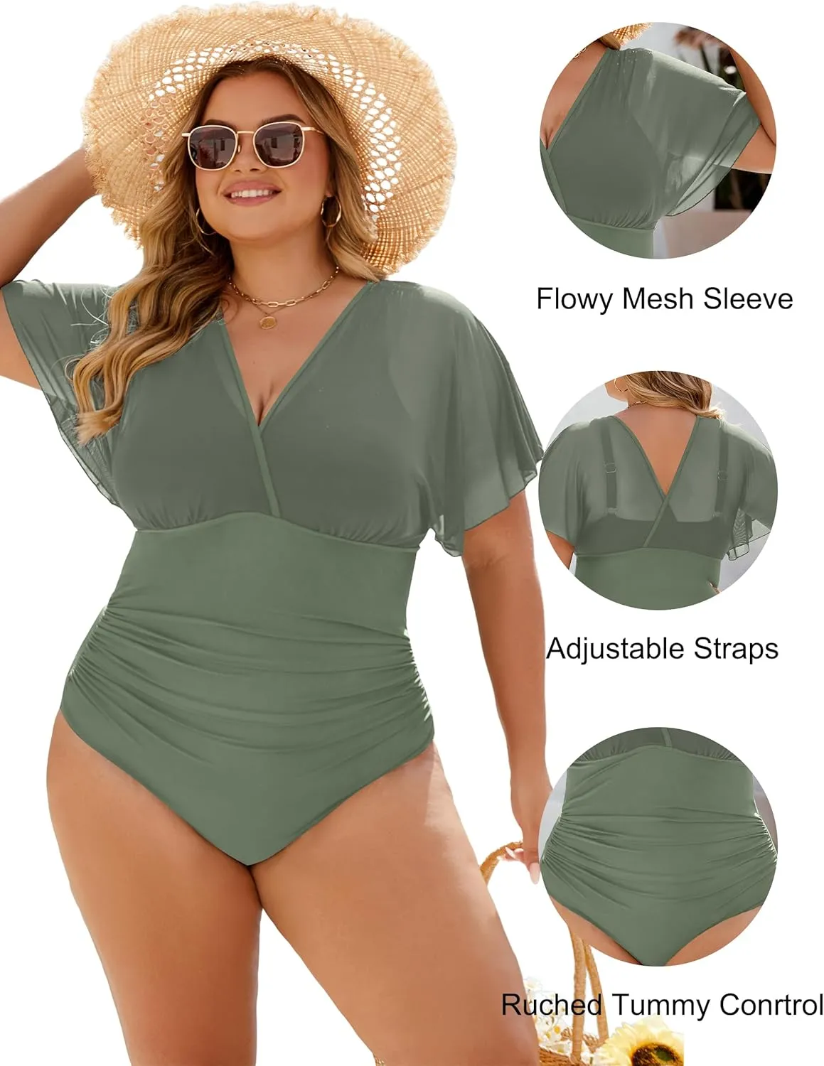 Blooming Jelly Women's Plus Size Swimsuit One Piece Bathing Suit Tummy Control Mesh V Neck Maternity Swimwear