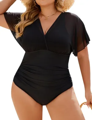Blooming Jelly Women's Plus Size Swimsuit One Piece Bathing Suit Tummy Control Mesh V Neck Maternity Swimwear