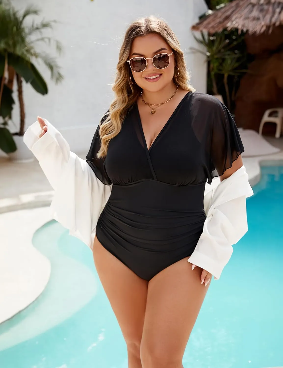 Blooming Jelly Women's Plus Size Swimsuit One Piece Bathing Suit Tummy Control Mesh V Neck Maternity Swimwear