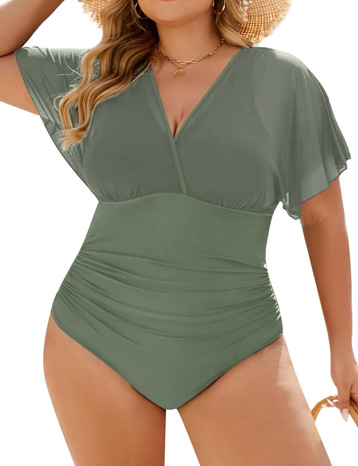 Blooming Jelly Women's Plus Size Swimsuit One Piece Bathing Suit Tummy Control Mesh V Neck Maternity Swimwear