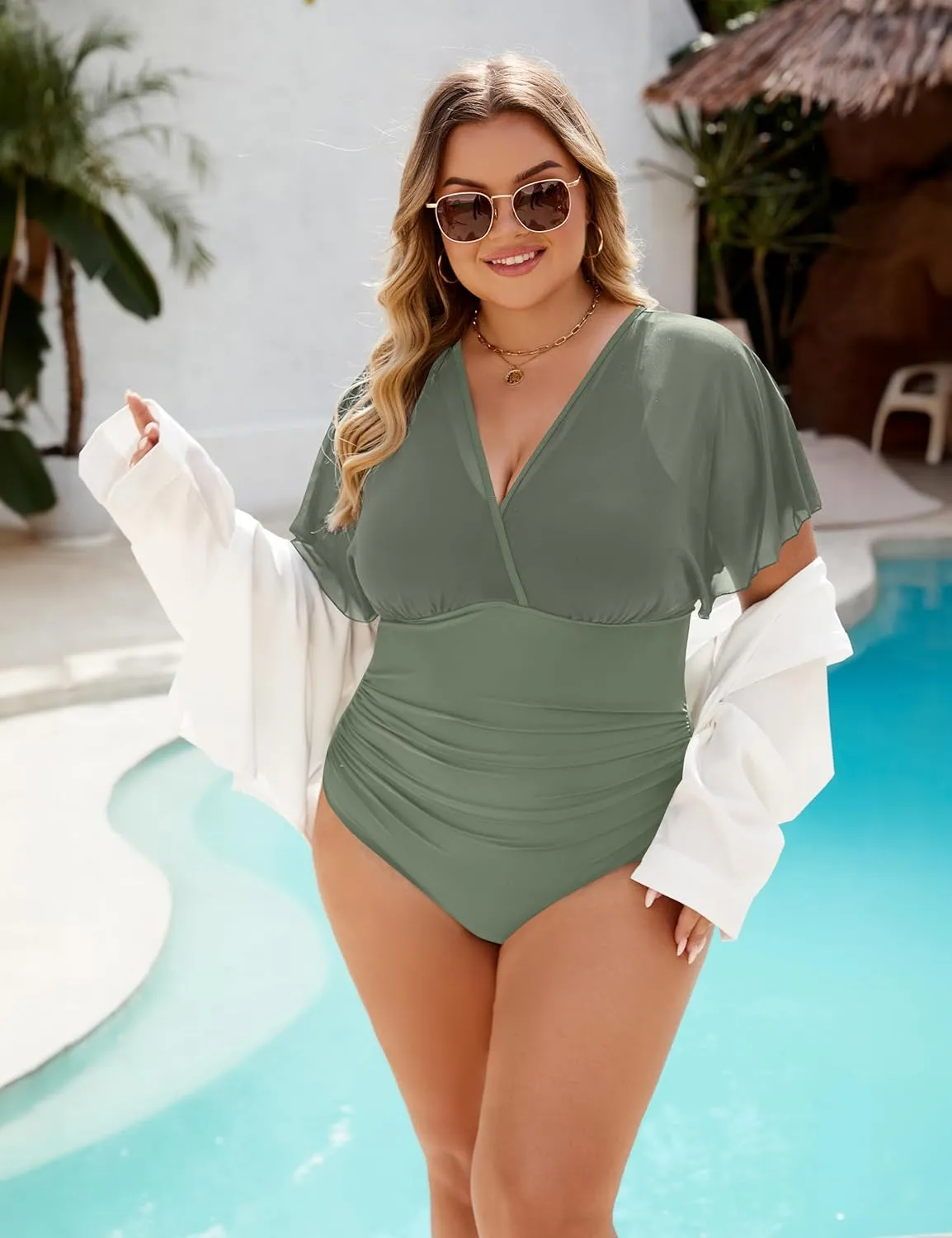 Blooming Jelly Women's Plus Size Swimsuit One Piece Bathing Suit Tummy Control Mesh V Neck Maternity Swimwear