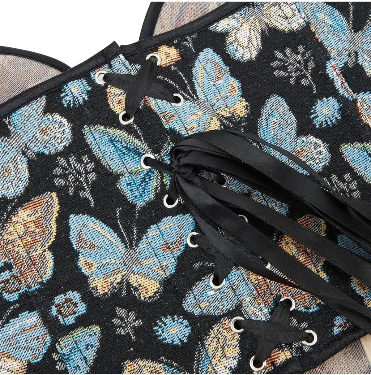 Blue Butterfly Pattern Corset Top for Women Floral Bustier Lace Up Boned Overbust Lingerie Bodyshaper