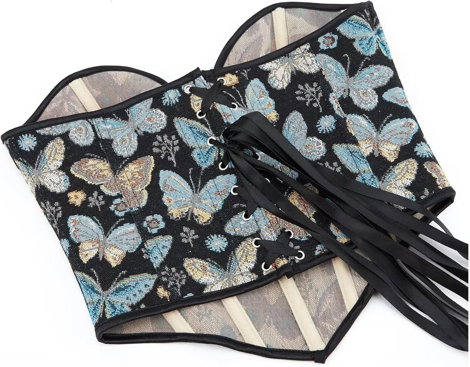 Blue Butterfly Pattern Corset Top for Women Floral Bustier Lace Up Boned Overbust Lingerie Bodyshaper