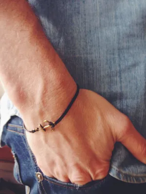 Bronze anchor bracelet for men with black cord, nautical surfer jewelry