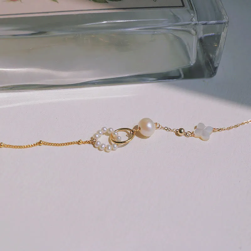 Buddha Stones 14K Gold Plated Pearl Double Peace Buckle Healing Chain Bracelet