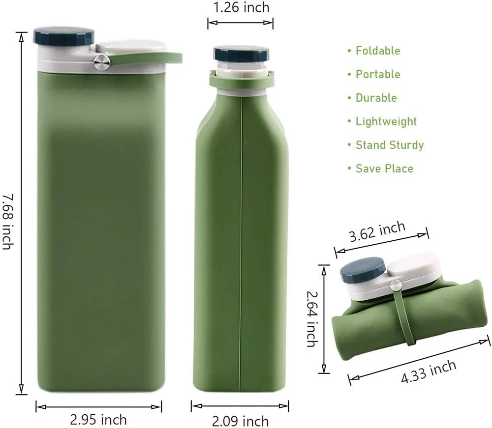 Collapsible Water Bottle BPA Free - 20 oz Foldable Water Bottle for Travel Sports Bottles with Triple Leak Proof Lightweight (Green)