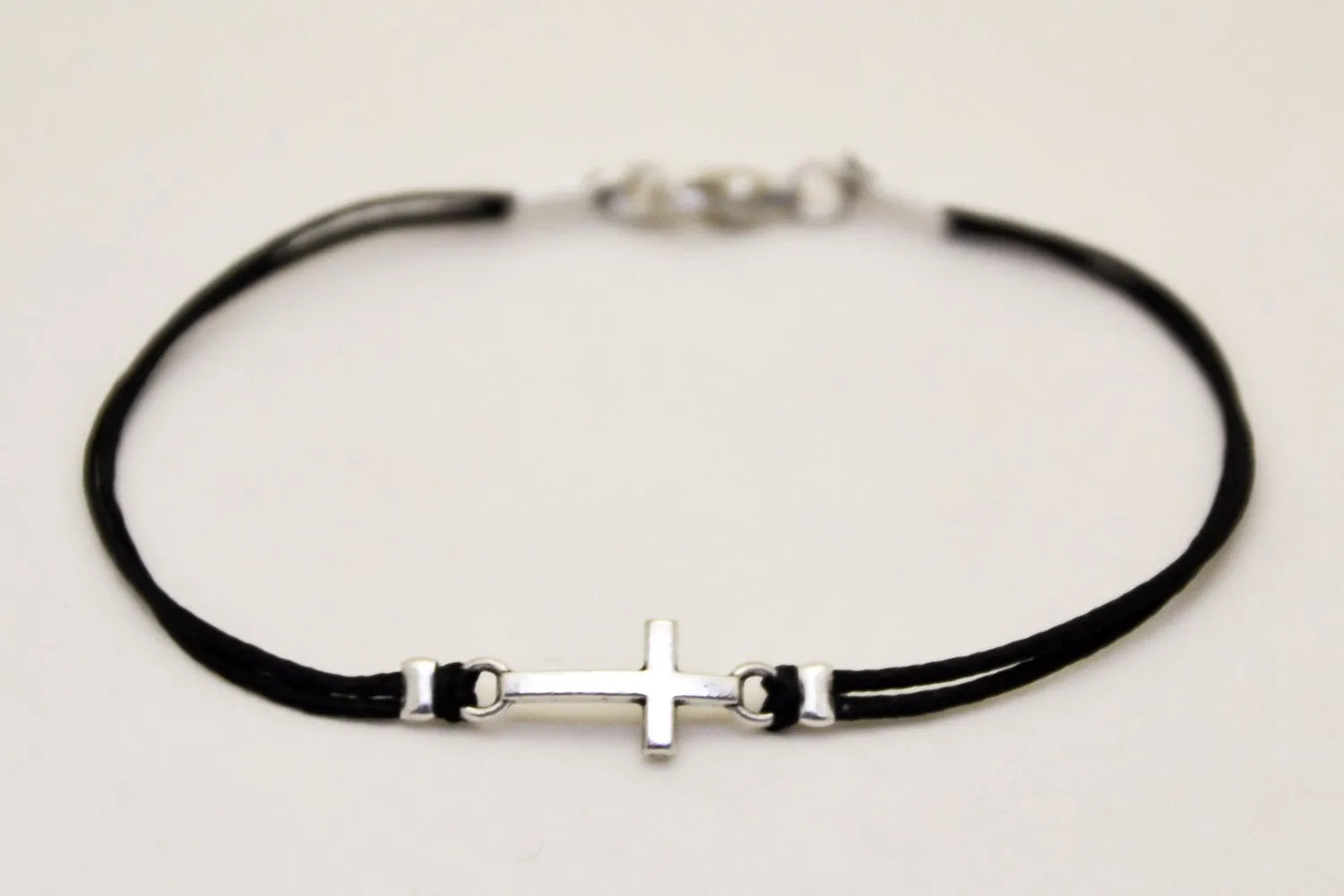 Cross bracelet for men, black cord, silver charm, catholic jewelry, gift for him, handmade