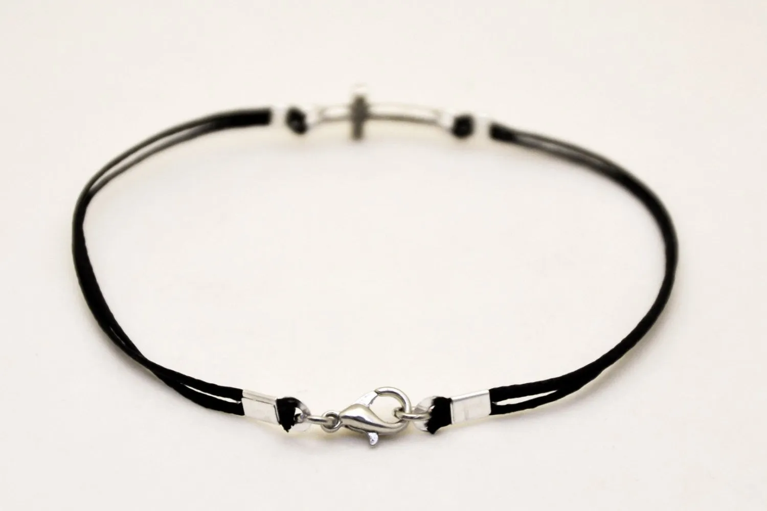 Cross bracelet for men, black cord, silver charm, catholic jewelry, gift for him, handmade