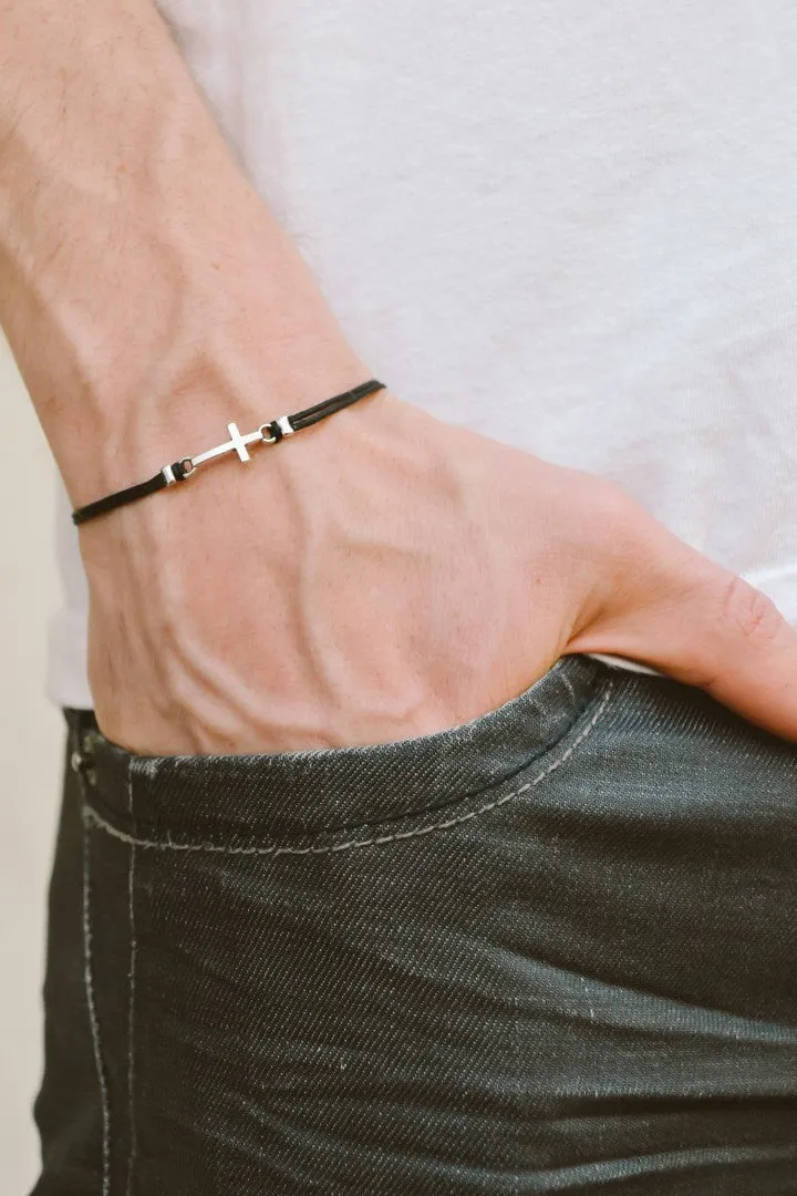 Cross bracelet for men, black cord, silver charm, catholic jewelry, gift for him, handmade