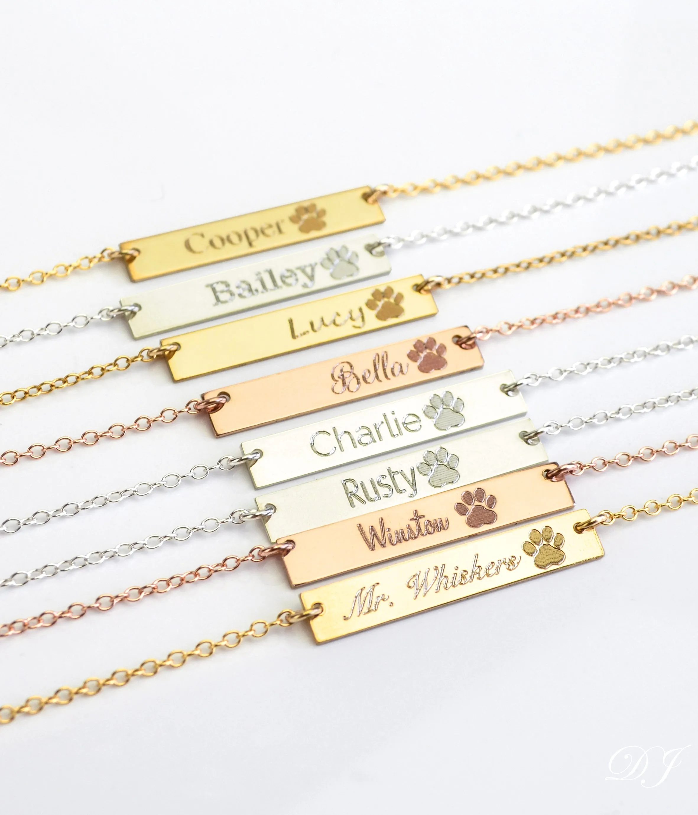 Custom Pet Name Necklace, Paw Print Bar Necklace