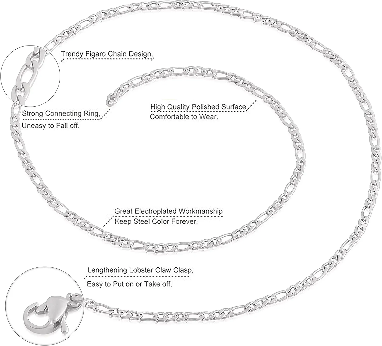 Edforce Stainless Steel 20 inch Figaro Link Chain Cross Necklace and Matching Bracelet, 20"