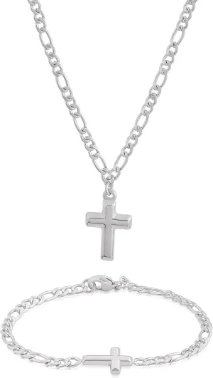 Edforce Stainless Steel 20 inch Figaro Link Chain Cross Necklace and Matching Bracelet, 20"