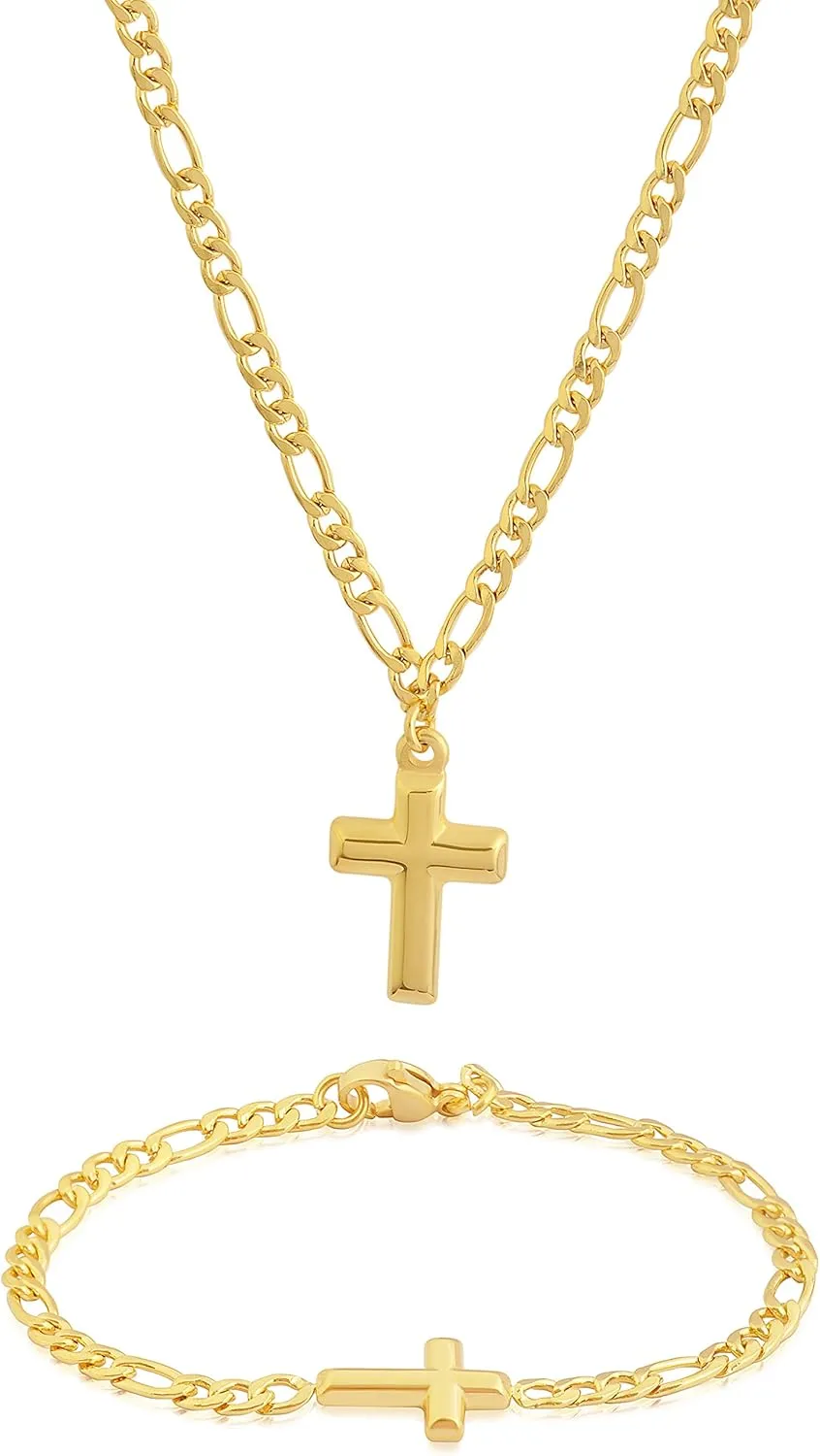 Edforce Stainless Steel 20 inch Figaro Link Chain Cross Necklace and Matching Bracelet, 20"