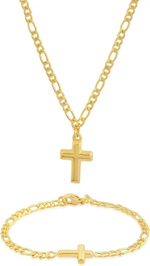 Edforce Stainless Steel 20 inch Figaro Link Chain Cross Necklace and Matching Bracelet, 20"