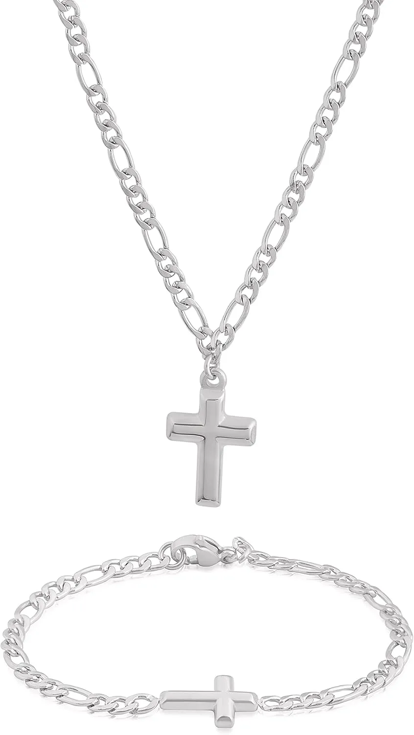 Edforce Stainless Steel 20 inch Figaro Link Chain Cross Necklace and Matching Bracelet, 20"