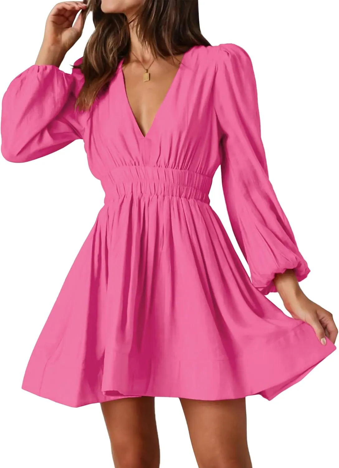 FAIABLE Mini Dress Deep V Sexy Dress Long Sleeve Dress for Women A-line High Waisted Casual Flowy Dress