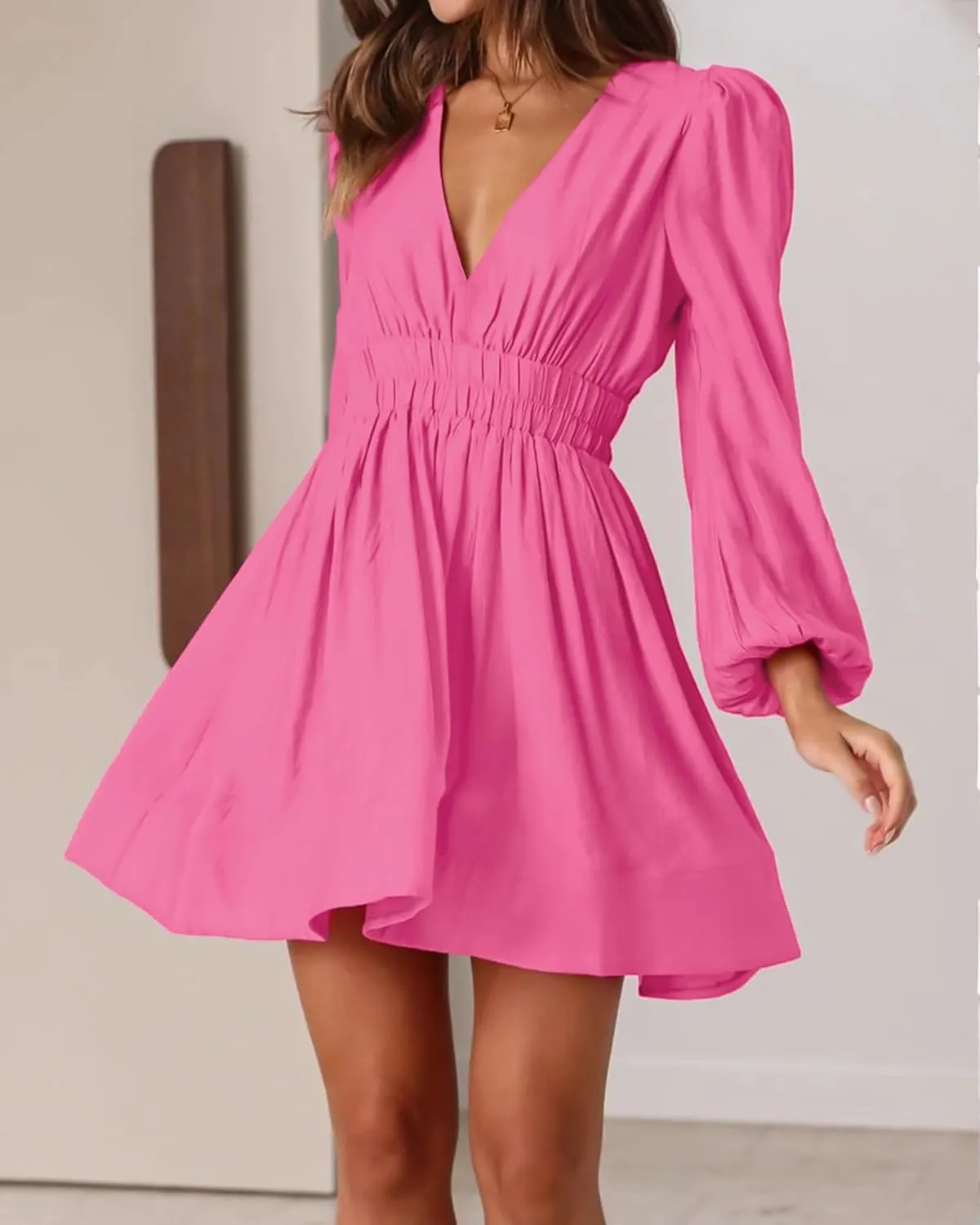FAIABLE Mini Dress Deep V Sexy Dress Long Sleeve Dress for Women A-line High Waisted Casual Flowy Dress