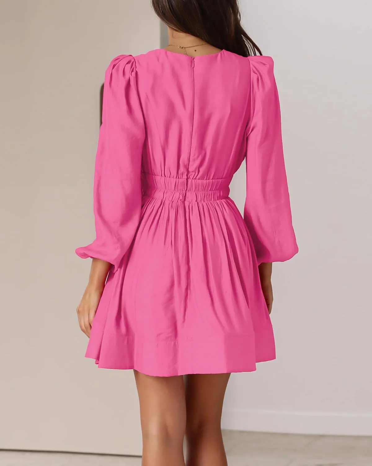 FAIABLE Mini Dress Deep V Sexy Dress Long Sleeve Dress for Women A-line High Waisted Casual Flowy Dress