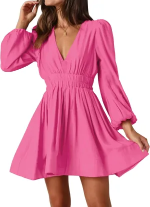 FAIABLE Mini Dress Deep V Sexy Dress Long Sleeve Dress for Women A-line High Waisted Casual Flowy Dress