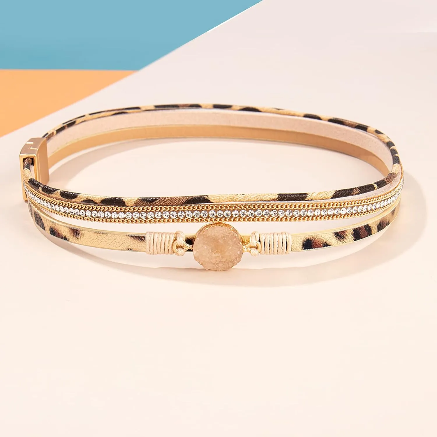 FANCY SHINY Boho Wrap Bracelets Leather Cuff Bracelet Bohemian Jewelry Resin Stone Leather Necklace with Clasp for Women