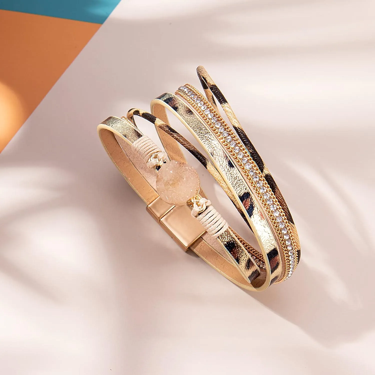 FANCY SHINY Boho Wrap Bracelets Leather Cuff Bracelet Bohemian Jewelry Resin Stone Leather Necklace with Clasp for Women