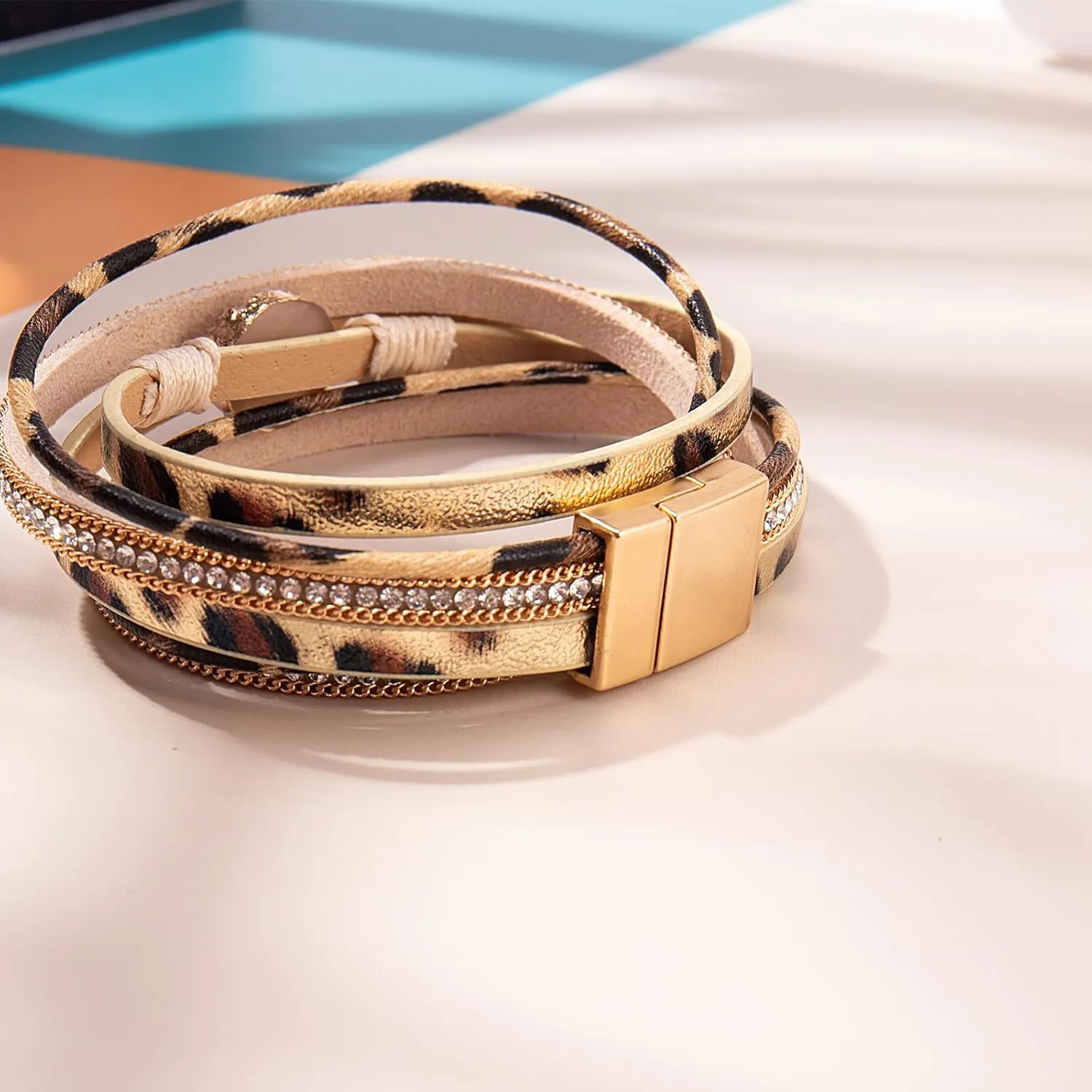 FANCY SHINY Boho Wrap Bracelets Leather Cuff Bracelet Bohemian Jewelry Resin Stone Leather Necklace with Clasp for Women